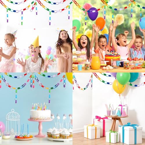 Decoración de fiesta sin pegamento usando cadenas de papel arcoíris con cintas adhesivas 6