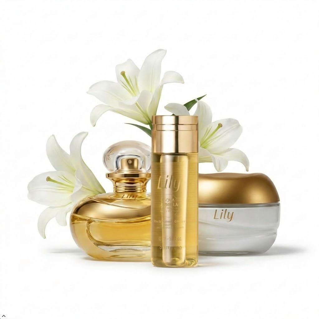 O Boticário Lily Set cadeau, parfum et soins de la peau avec 3 produits, crème hydratante pour le corps 250 g, huile de corps parfumée 150 ml et Eau de Parfum EDP 75 ml