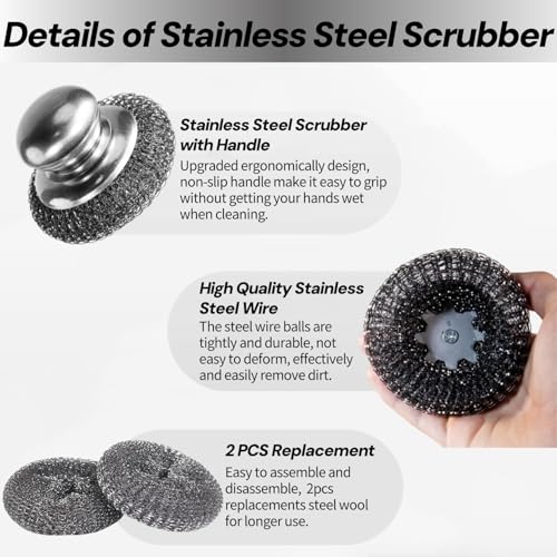 Image of 4Pcs Steel Wool Scrubber,Stainless Steel Scrubber,Metal Scrubber,Steel Scrubber for Dishes,Stainless Steel Wool Scrubber with Handle, for CleaningKitchen Pots, Pans, Stove Sinks,(2 Scrubber+2 Pads)