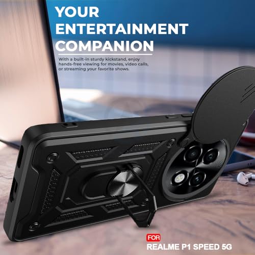 Image of AESTMO Tough Armor Realme P1 Speed Bumper Back Case Cover | Ring Holder & Sliding Camera Shield Cover | 360 Degree Protection Back Case Cover for Realme P1 Speed (Black)