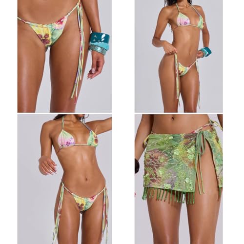 Y2k Sexy Floral Sequin Beaded Swimsuit 2000s Coquette 2 Piece Summer Halter Neck Beach Bikini Set3