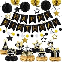 Black and Gold Birthday Party Decorations Set, Happy Birthday Banner with Honeycomb Balls, Star Cutouts, Table Centerpieces