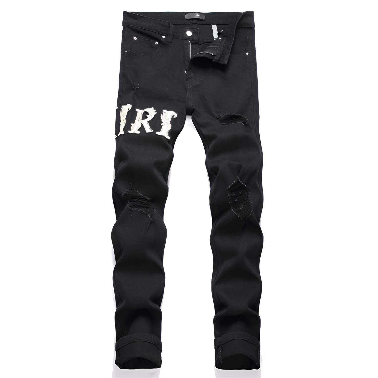 Vaqueros Hombre Slim Fit Rasgados – Vaqueros Negros de Mezclilla Elástica con Diseño Moderno y Versátil, Inspiración Y2K Streetwear Hip-Hop para un Look Urbano y Actual