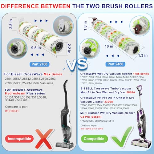 Image of Lemige Brush Filter Replacement Parts for Bissell CrossWave Vacuum 3888A 1785 Pet Pro 2306A Cordless Wet Dry Vac, 2 Pack 2460 Multi-Surface Pet Brush Roll & 1866 Vacuum Filter, Part 1613568 1608684