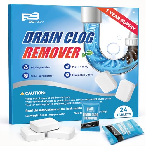 B BEASY Drain Clog Remover Tablet 24 Count Sink Drain Cleaner Powerful Pipeline Dredging Agent Unclogging Sink Hair Cleaner for Kitchen Shower Pipes and Drains