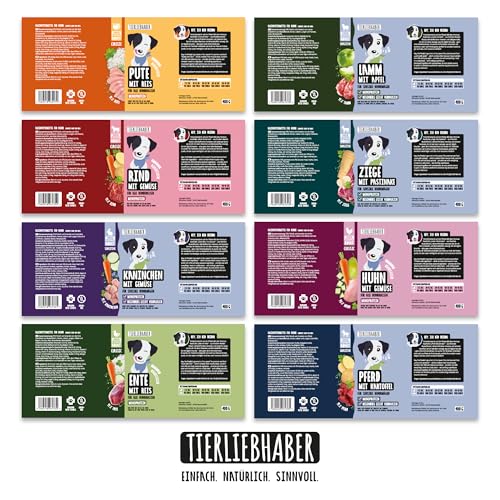 TIERLIEBHABER – Hundefutter Nass 400g Probierpaket à 8 Sorten – Von Tierärzten entwickelt – Nassfutter Hund mit 91% Fleischanteil – Dog Food als Hundenassfutter 400g Dosen