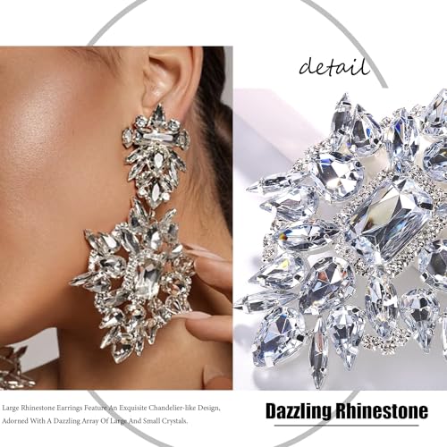 Costume Silver Large Rhinestone Earrings Dangling Trendy Bling Oversized Statement Earrings For Women Formal4