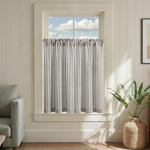jinchan Striped Linen Kitchen Curtains 36 Inches Tier Curtains Farmhouse Modern Cafe Style Small Window Treatments Airy Light Filtering Rod Pocket for Living Room Bathroom 2 Panels Charcoal Grey