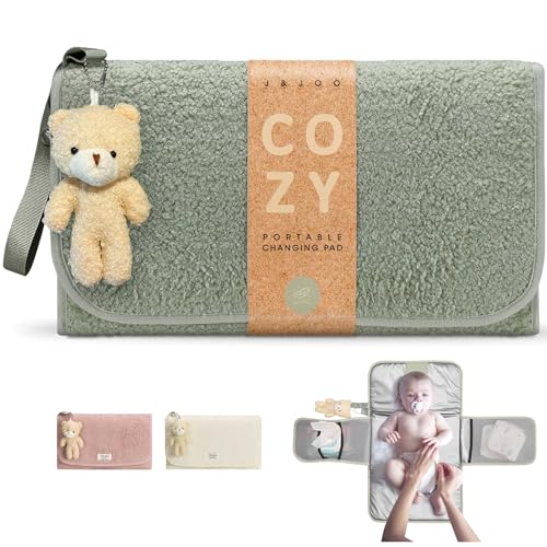 J&Joo Portable Diaper Changing Pad - Ultra Soft, Extra Padded, Waterproof Baby Changer Travel Essential, EZ Access Mesh Pockets, Gift for Baby Shower,...