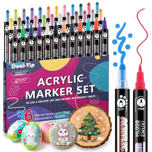 Feutres Acryliques 36 Couleurs Double Pointe – Marqueurs Résistant à l'Eau pour Peinture sur Pierre, Bois, Céramique – Idéal pour Décorer des Œufs de...