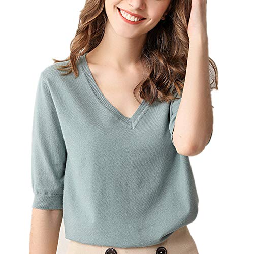 レディース セーター Vネックニットセーター A&C レディース カットソー 美シルエット 新 かい ニットセーター オフィスセーター 無地 長袖 半袖 前開き カジュアル トップス 春夏秋 (半袖-くさいろ, M)