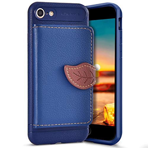 Robinsoni Case Compatible with iPhone 7 Phone Case Wallet iPhone 8 Leather PC Phone Cover Shockproof Kickstand Case Flip Note Book Style Phone Cover Heavy Duty Case Hard Case Leaf Blue