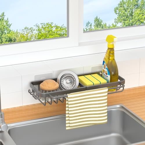 ROELLY Soporte Estropajo Fregadero, Porta Estropajos Fregadero con Soporte para Paños de Cocina y Dos Ganchos, Organizador Cocina para Fregadero Sin Taladrar, Soporte Estropajo Fregadero(Gris)