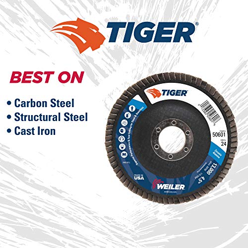 Image of Weiler 50601 4-1 /2 inch Tiger Disc Abrasive Flap Disc, Conical (TY29), Phenolic Backing, 24Z, 7 /8 inch Arbor Hole (Pack of 10)