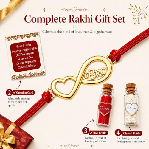 Image of Gold Plated Designer Rakhi Bracelet for Brother | Infinity, Heart, Evil Eye & BRO Designs | Raksha Bandhan Rakhi with Roli Chawal & Greeting Card