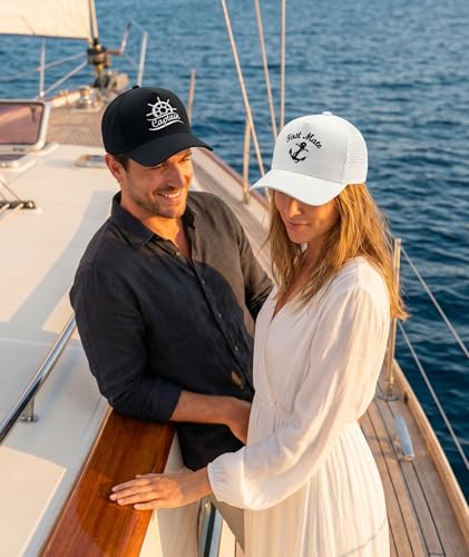 Image of Captain and First Mate Hat, Embroidered Trucker Hats for Couples | Adjustable Snapback Nautical Boating Gift for Men Women