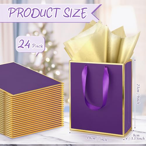 Image of Yeaqee 24 Pack Metallic Paper Gift Bag with Tissue, Purple Gold | with Satin Ribbon Handle and Tissue, 9x7x3.1 Inch, Suit Business, Birthday, Christmas, Thank You Return Gifts Bags