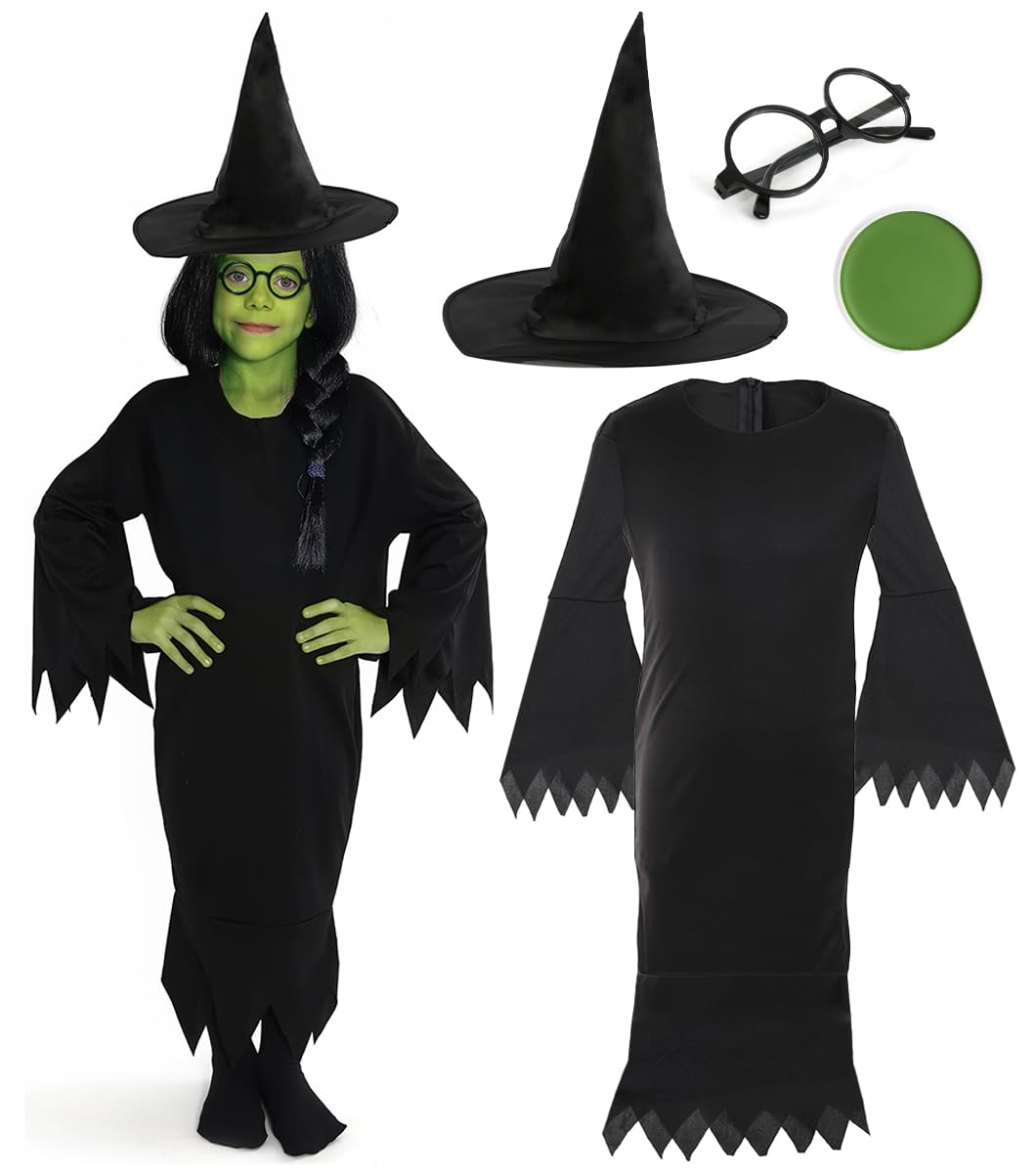 Girls Green Witch Costume - Medium - Black Dress, Green Face Paint, Black Witch Hat and Circle Glasses - Perfect for World Book Day and Halloween