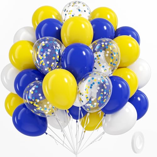 Image of BAUANOOY Blue and Yellow Balloons, 60pcs 12 Inch Royal Blue Yellow White Balloon with Confetti Balloons for Wedding Graduation Baby Shower Birthday Party Decorations