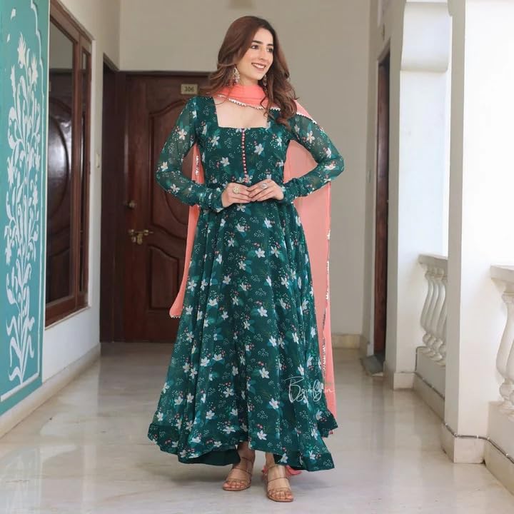 Image of KD Women Pure Georgette Floral Print Anarkali Kurta Pant Set with Dupatta Anarkali Kurti for Women