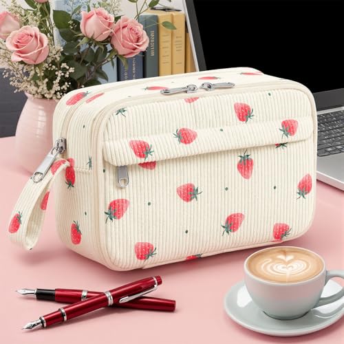 Image of WOBAGMEN Cute Pencil Case,Large Corduroy Zippered Pencil Case Pouch, aesthetic Pencil Bag with Compartments, Pencil Pouch School Supplies (Tiny Strawberry)
