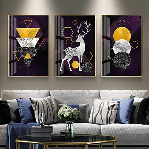 Toile cerf violet abstrait géométrique 50x70cm 3 pièces sans cadre pour salon