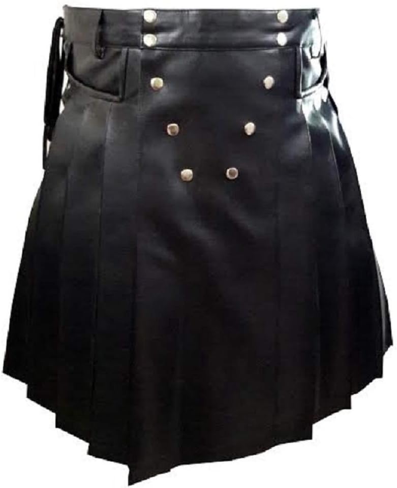 Mens Black Leather Gladiator Pleated Utility Kilt Flat Front Pocket Wrap