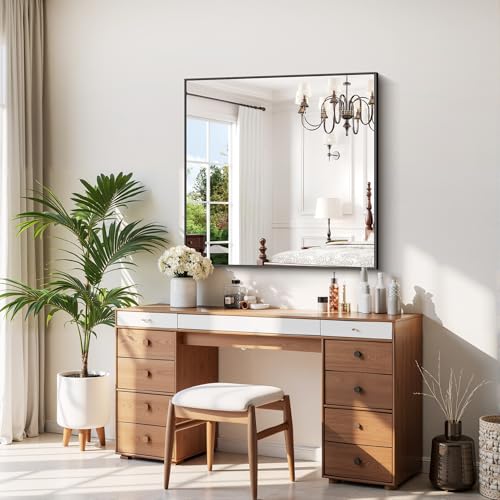 Image of COFENY Black Bathroom Mirror for Wall, 39x39 Inch Square Mirror with Metal Frame, Black Modern Vanity Mirrors for Bathroom Sink, Living Room, Entryway Hangs Horizontal or Vertical
