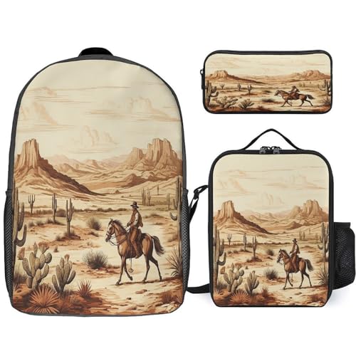Printed Backpack With Lunch Pack Storage Box Case Cactus Cowboys Riding Horses 3pcs Lightweight Travel Backpack