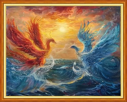 Image of Foxhool Stamped Cross Stitch Kits,11CT Printed Cross Stitch Pattern Full Embroidery Kits for Beginner Needlepoint Kits-Water Fire Phoenix Sunrise 16x20 inch