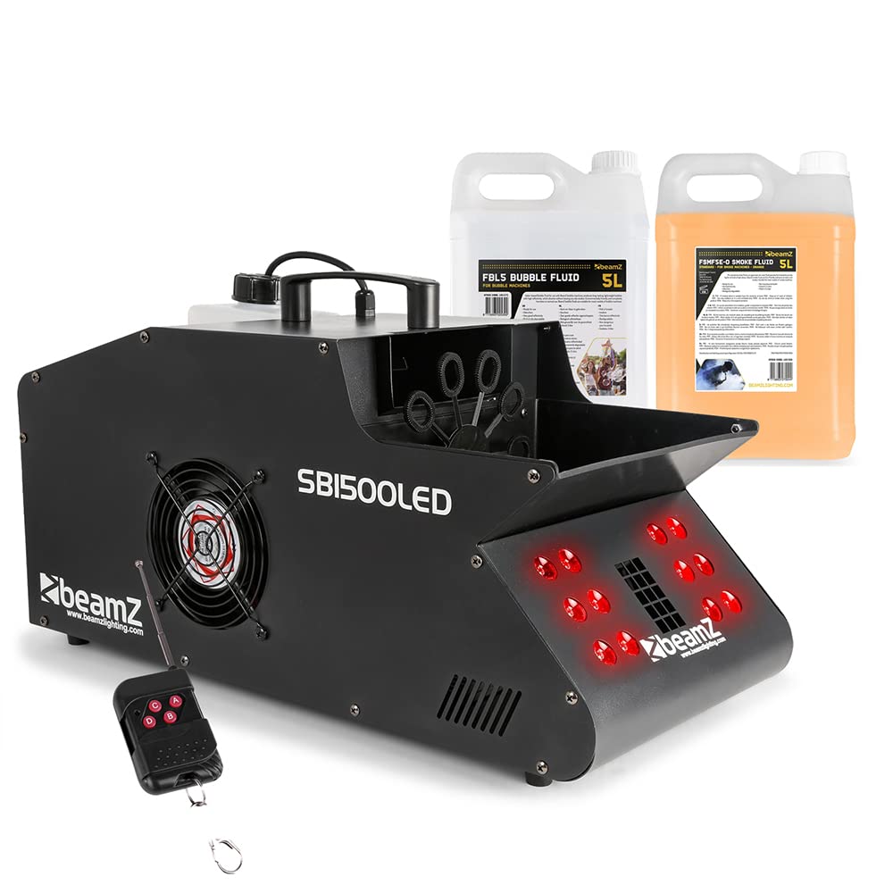 Beamz Blue Sb1500led Smoke Bubble Machine With Led Lights, Bubble Fluid & Smoke Fluid – Professional Bubble Fog Machine For Dj, Parties, Stage Events & Weddings, Dmx Compatible, 1500W Heater Included