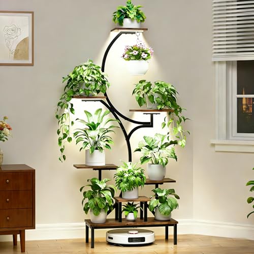 Image of Plant Stand Indoor with Grow Lights - 7-Tier Indoor Plant Shelf with Elevated Base & Hanging Hook, 63 inch Corner Plants Stands for Multiple Plant Sizes, Multi-Tiered Lighted Rack for Living Room, Black