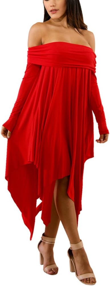 Aleng Women's Solid Color Off Shoulder Long Sleeve Dress Asymmetrical Hem Irregular Loose Party Dress Red X-Large