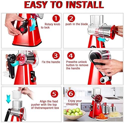D L D Multifunctional Vegetable and Fruit Cutting Machine, Rotating Drum Cheese Grater with 3 Stainless Steel Revolving Blades, Manual and Safe Milling, Slicer (RED)