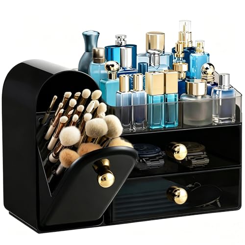 Image of HBlife Makeup Organizer Countertop with Drawers, Cologne Organizer for Men, Vanity Organizers with Brush Holder, Bathroom Countertop Organizer Skin Care Storage, Gift for Dad Husband, Black and Gold