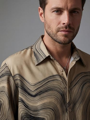 Image of GRECIILOOKS Men's Poly Blend Regular Fit Shirt | Abstract Wave Printed Shirts for Men | Trendy Button Down Stylish Shirt for Man | Casual Summer Outfit