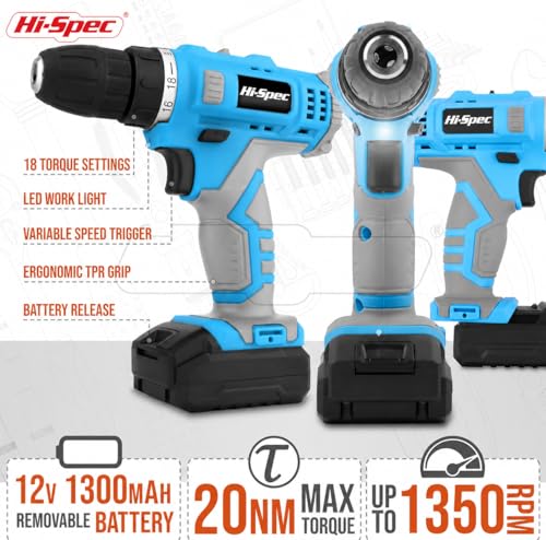 Image of Hi-Spec Cordless Drill Set 50pc 12V Electric Power Driver in a Toolbox Case. Includes Rechargeable Battery, Power Screwdriver Bits, Wood, Metal, and Masonry Drill Bit Set Accessories