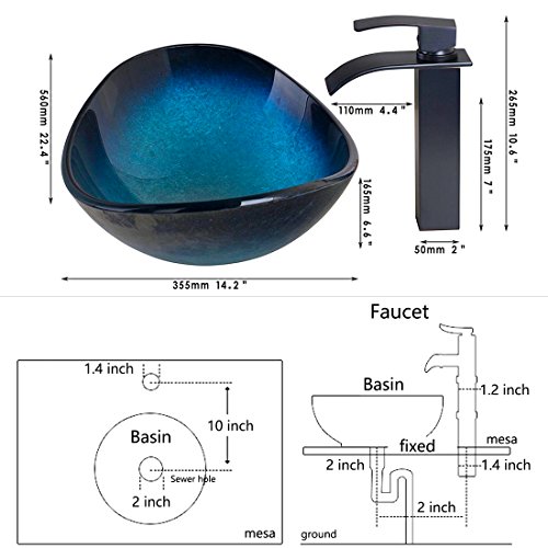 Ouboni Bathroom Vessel Sink, Oval Vessel Sink Contemporary Tempered Glass Bathroom Sink, Bathroom Bowl Sinks Above Counter + Matching Style Faucets + Chrome Pop-Up Drain #TOP1