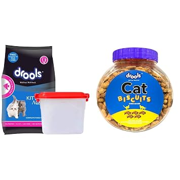 Drools Kitten(1-12 Months) Dry Cat Food, Ocean Fish, 1.2kg with Free Container&Drools Real Chicken Biscuits, Cat Treats Jar - 400g
