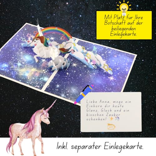DORAFIORA® Pop-Up Karte Pegasus – 3D Klappkarte mit Regenbogen & Sternen | Magische Geburtstagskarte für Kinder & Erwachsene | Fantasievolle Grußkarte inkl. Umschlag
