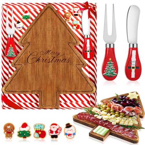 Ziliny 1 Set Mini Christmas Tree Cheese Board Set con cuchillos, tabla de cortar en forma de árbol de Navidad, bandeja para servir charcutería pequeña de madera, color Acacia