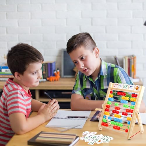 Suwimut Wooden Abacus for Kids Math with Counting Sticks and Number Toys Cards 1-100, 10-Row Wooden Frame Abacus with Multi-Color Beads, Preschool Math Learning Toys for Boys Girls Age 3+ Years Old