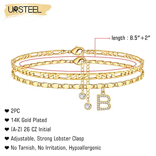 Image of Ursteel Ankle Bracelets for Women, 14K-Gold-Plated Dainty Layered Chain CZ Initial Anklets Set Summer Jewelry Gifts for Women