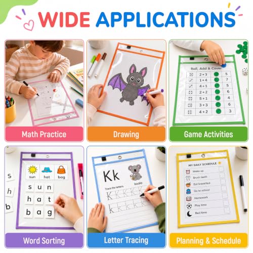 MR.MATE Multicolor Dry Erase Pockets Sleeves 10x14 in, 10 Pack Clear Plastic Sheet Protectors with 1 Binder Ring, Reusable Oversized Ticket Holders Paper Page Sleeve for Teacher, Classroom, School - Image 4