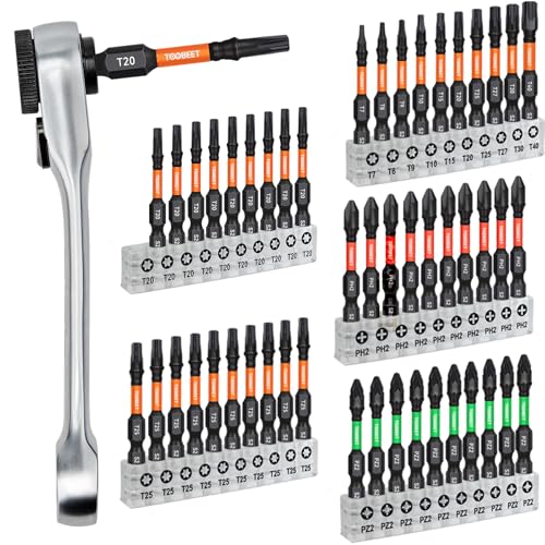 Toobeet Jeu de 51 Embouts de Vissage Impact S2 50 mm, Torx T7-T40, PH2, PZ2, avec Mini Clé à Cliquet & Porte-Embout Magnétique, Embouts Haute Fréquence...