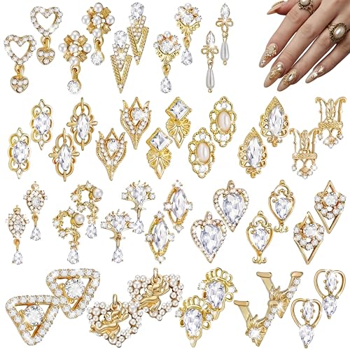 Maitys 52 Pcs Gold Nail Charms Gems Rhinestone Luxury 3D Sparkling Crystal Pendant Bulk for Women Y2k Kawaii Acrylic Nail Tips Accessories DIY Craft Jewelry Making Junk Case Decoration