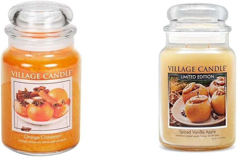 Village Candle Orange Cinnamon Large Glass Apothecary Jar Scented Candle, 21.25 oz, 21 Ounce & Spiced Vanilla Apple, Large Glass Apothecary Jar Scented Candle, 21.25 oz, Ivory