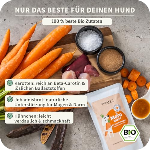 Bio Morosche Karottensuppe Hund mit Huhn – CURAPET – wertvolle Unterstützung bei Durchfall Hund, Magen- & Darmbeschwerden – ideal als Schonkost oder bei Futterumstellung, 130g Portionsbeutel. (6)