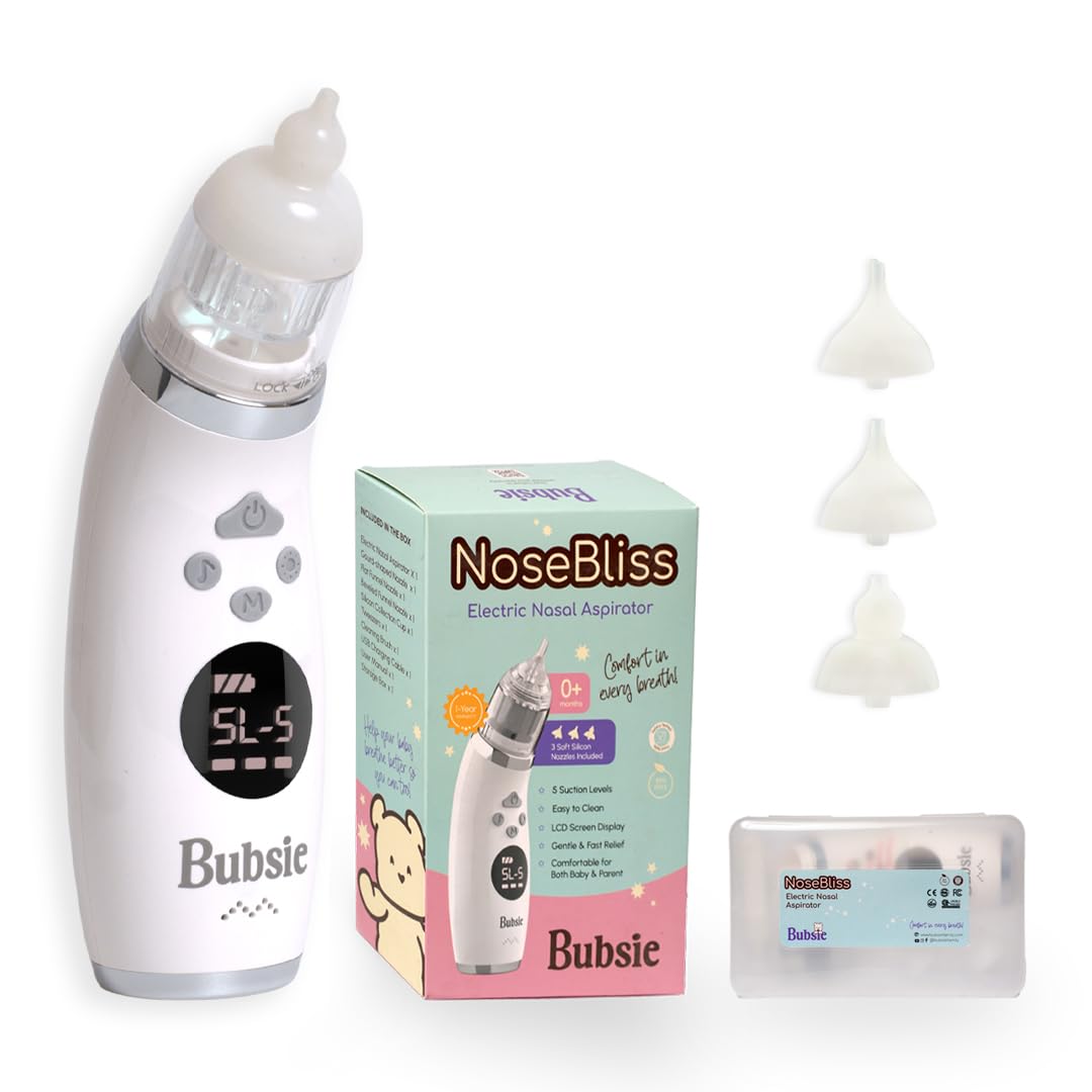 Bubsie NoseBliss Rechargeable Electric Nasal Aspirator with 5 Suction Levels | 3 Food Grade Soft Silicon Nozzles | IPX6 Waterproof, Self Cleaning, Music & Light Function | Automatic Mucus Extractor/Snot Sucker for adults | 1 year Warranty