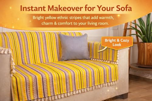 Image of Gifts Island 1 Seater Cotton Sofa Cover Mat | Anti Slip Armchair Cover Throw | All Over Furniture Protector with Elastic Straps | Washable Couch Cover for Living Room (Yellow, 1 Seater)